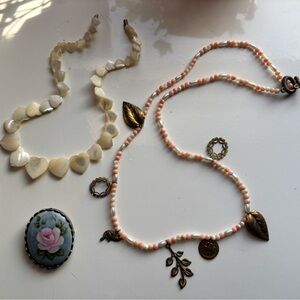 Coral & Brass Charm Necklace, Heart Shell Choker Grainne Morton Style